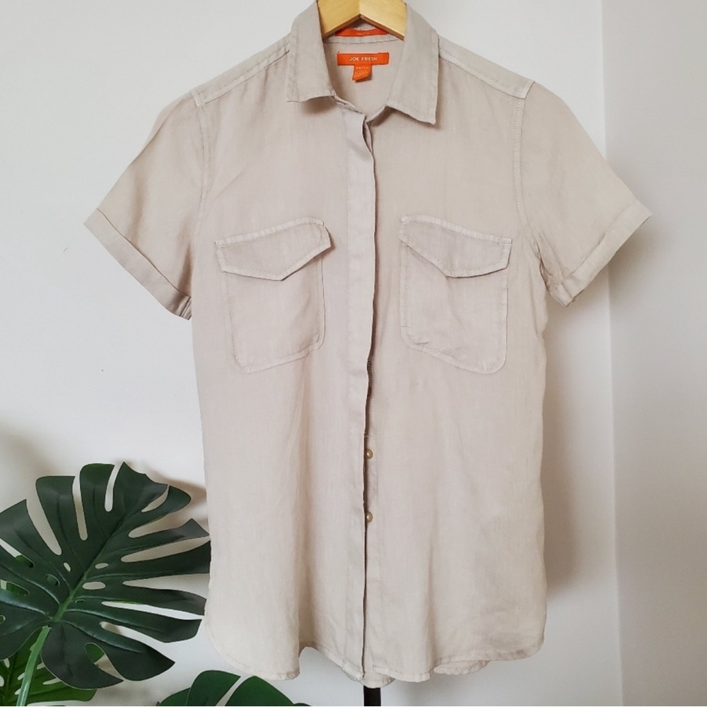 100% Linen Beige Short Sleeve Shirt - sz XS/S